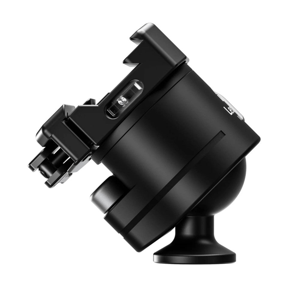Black carbon fiber tripod head with ball mount on rotating base, angled view showing mounting plate and adjustment mechanisms.