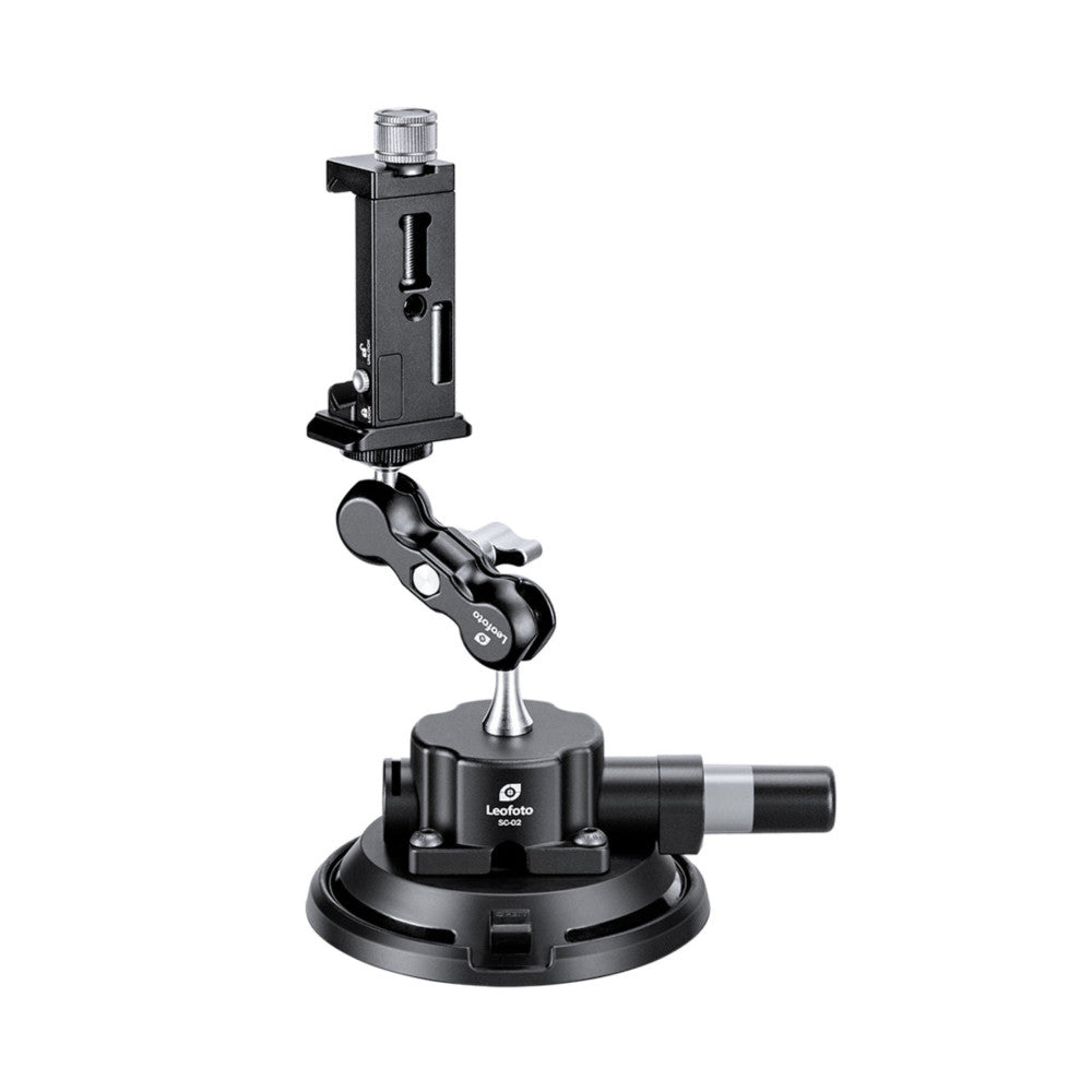 Black suction cup camera mount assembly with ball head and magic arm, shown from front angle against white background.
