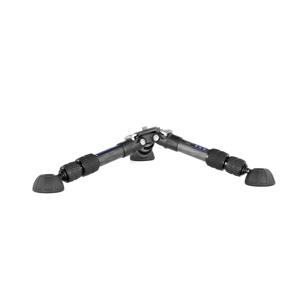 Wide-angle view of a tripod spreader bar with black legs and adjustable feet, shown in extended position against white background.