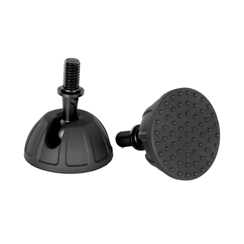 Two black rubber suction cups with threaded stems shown from different angles against a white background.
