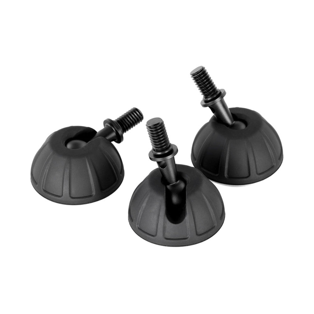 Three black rubber suction cups with threaded metal studs displayed at various angles against white background.
