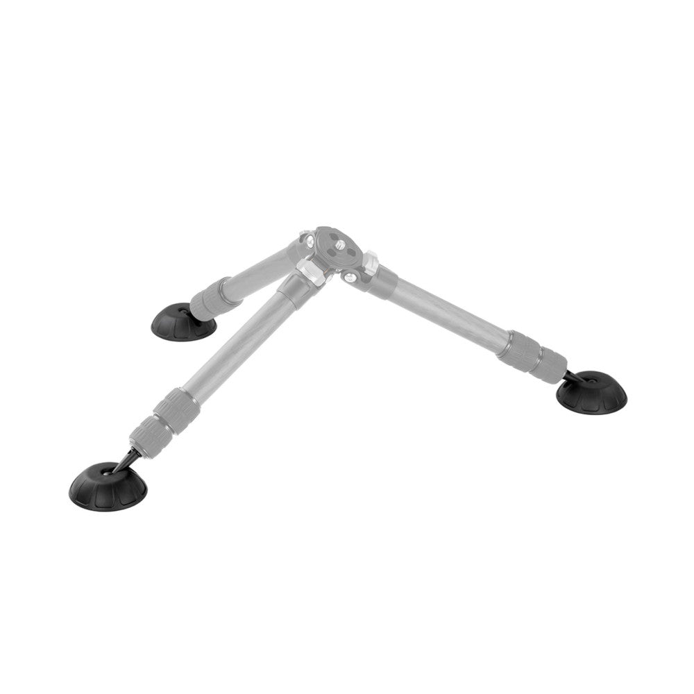 Three-legged tripod accessory with gray metal legs and black suction cup feet, shown from above at an angled perspective against white background.