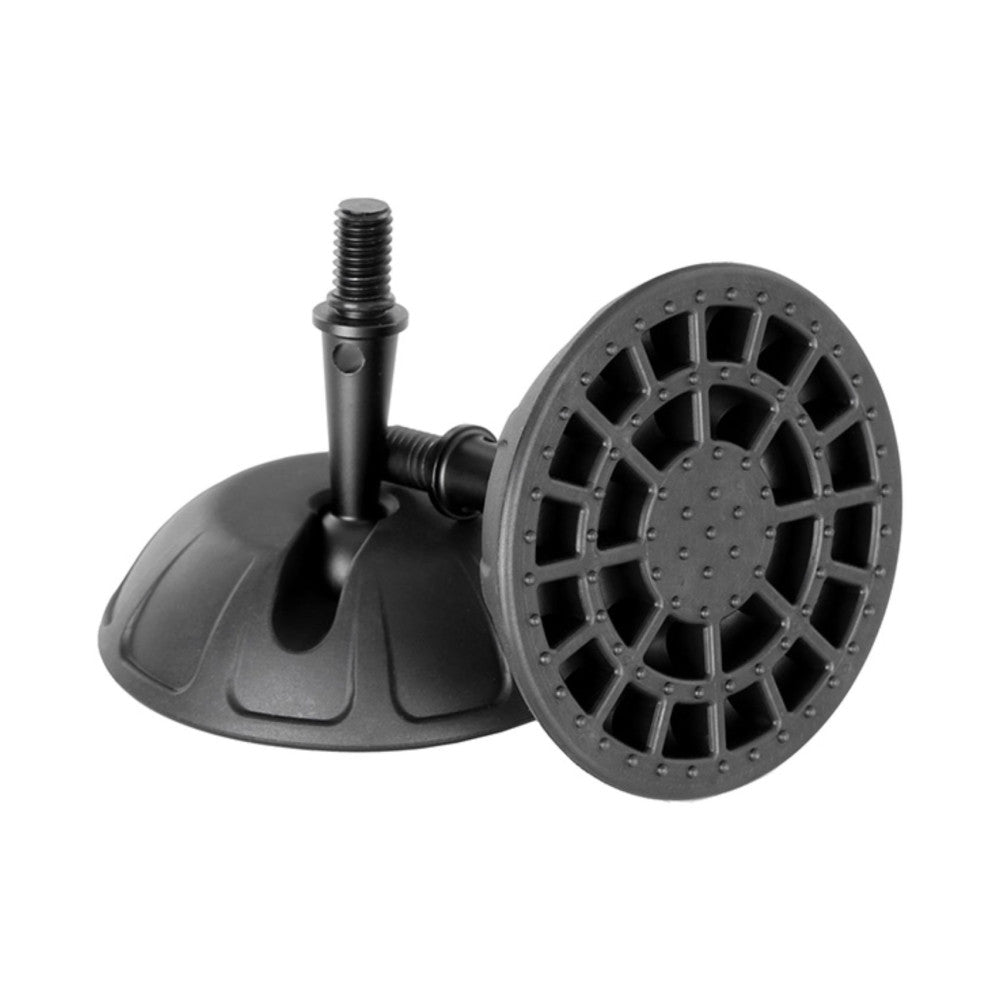 Black rubber suction cup tripod feet with threaded metal posts, shown at an angle displaying the circular ribbed cup design and mounting hardware.
