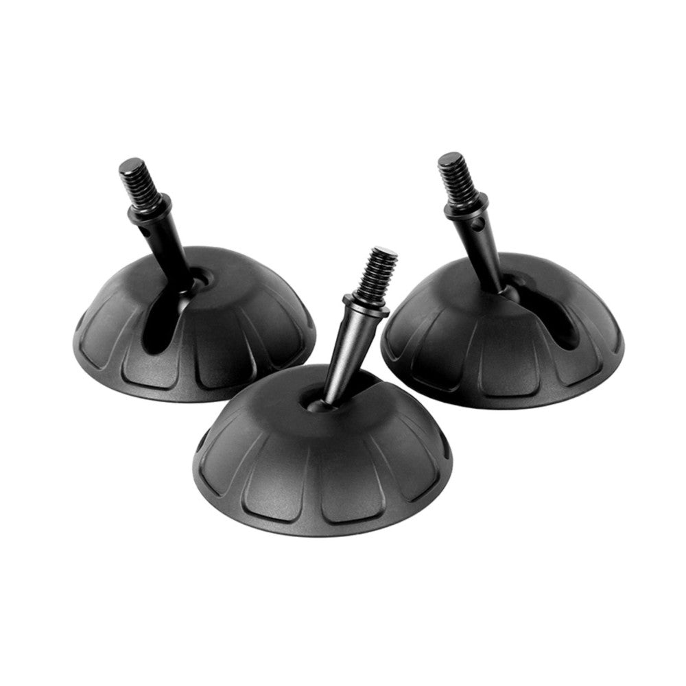 Three black rubber suction cups with threaded metal posts, arranged in a triangular formation against a white background.