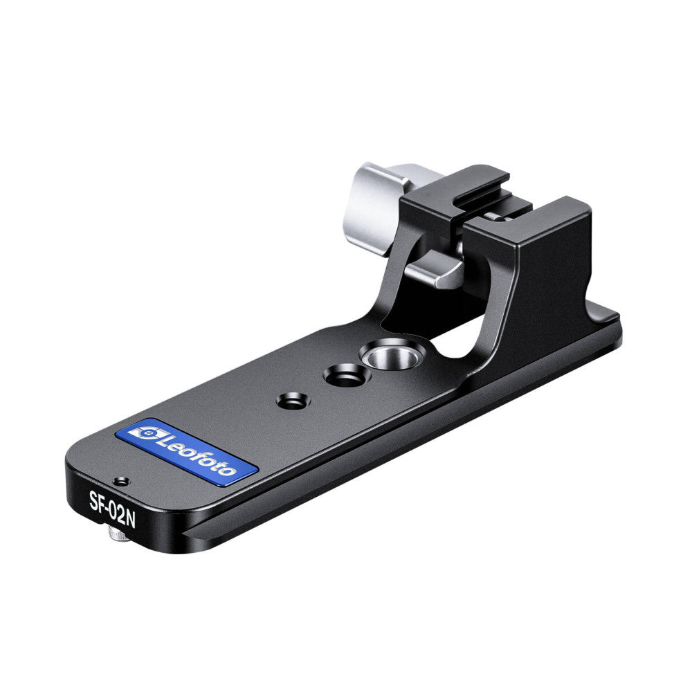 Angled side view of black Leofoto SF-02N lens foot with silver mounting clamp and blue brand label, showing Arca-Swiss plate design.