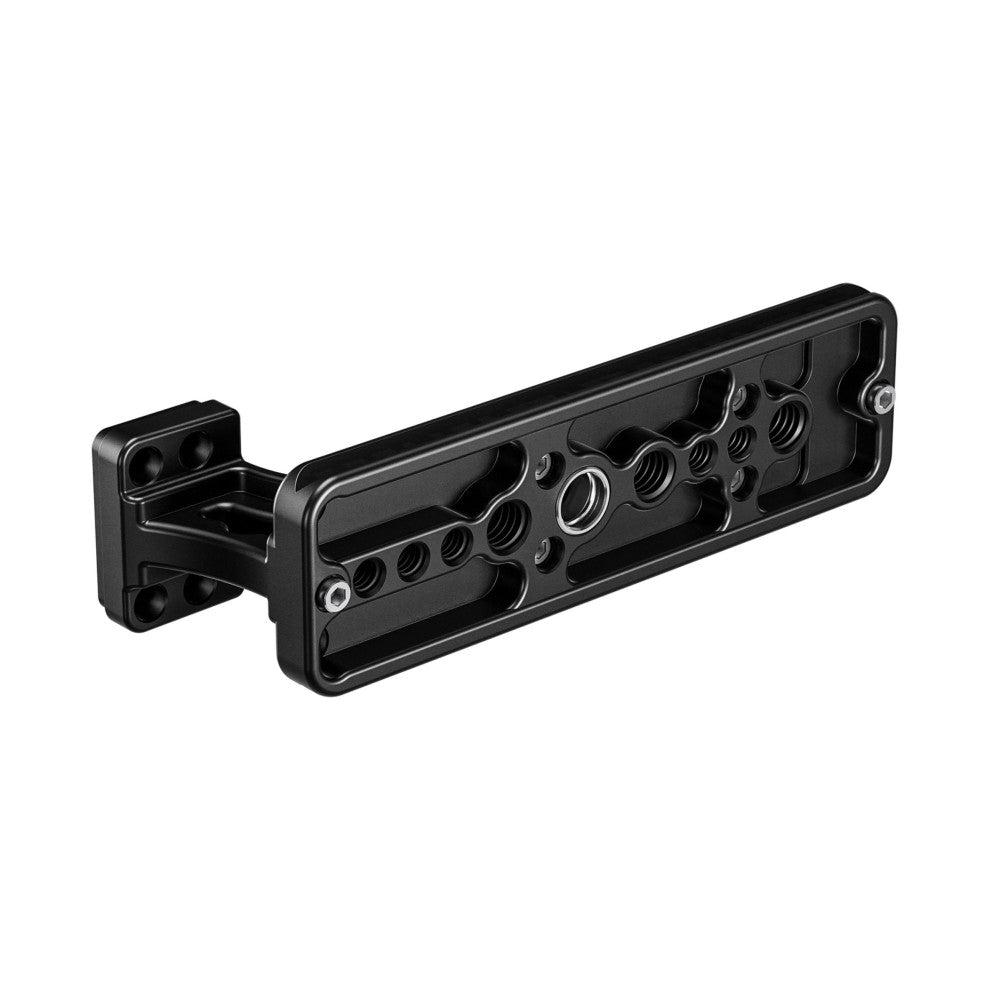 Black Arca-style lens foot bracket shown from side angle, displaying multiple threaded mounting holes and adjustment knobs on a white background.