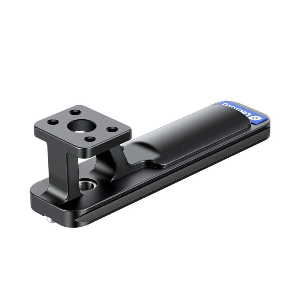 Black Arca-Swiss lens foot with mounting plate shown at an angle, displaying the clamp mechanism and quick-release design.