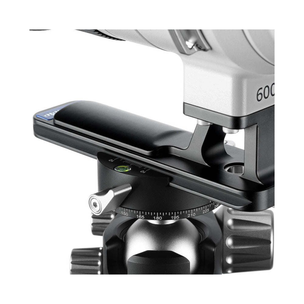 Close-up side view of a telephoto lens mounted on a ball head with panoramic rotation scale, showing the lens foot attachment detail.