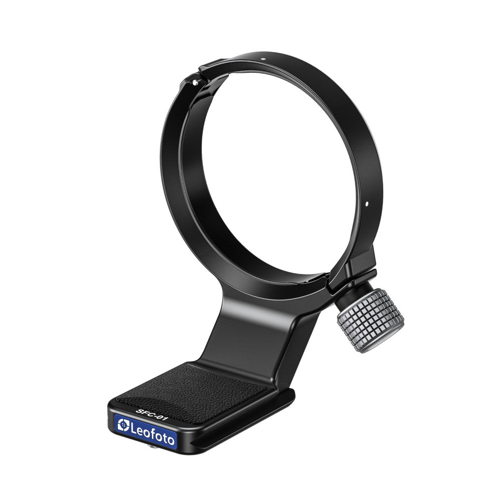 Black lens collar with circular ring and textured base plate, shown at an angle against white background, displaying the Leofoto branding and adjustment mechanism.