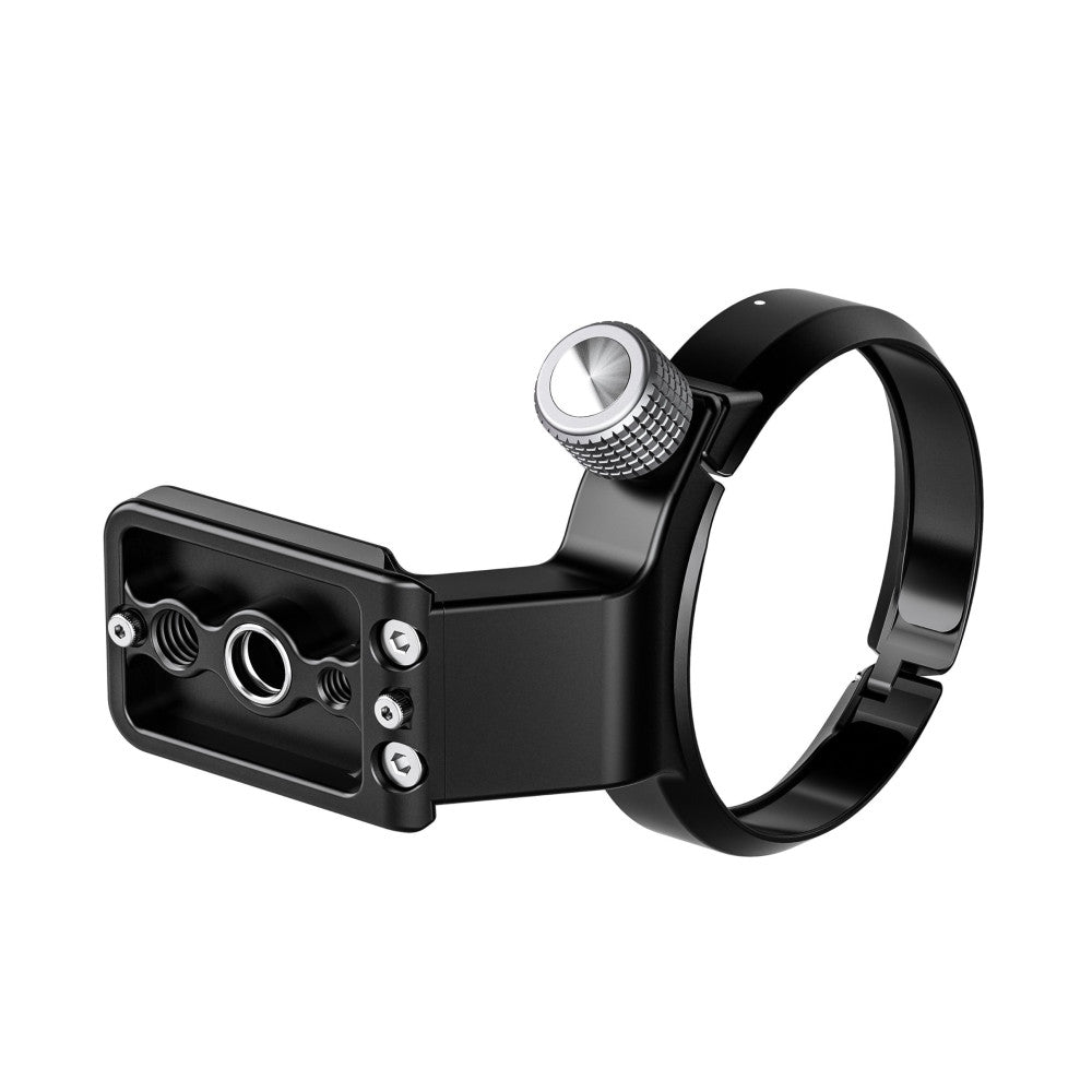 Black lens collar with adjustment knob and mounting bracket shown from side angle on white background.
