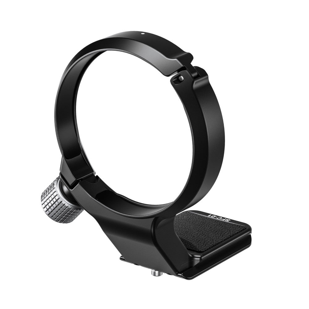 Black lens collar with adjustment knob and textured grip plate, shown from angled side view against white background.