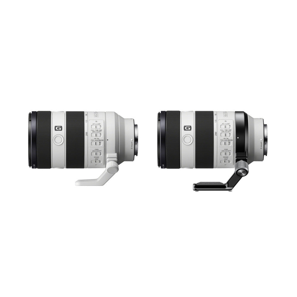 Side-by-side comparison of Sony FE 70-200mm F4 Macro G OSS II lens with and without Leofoto SFC-01 tripod collar attached.