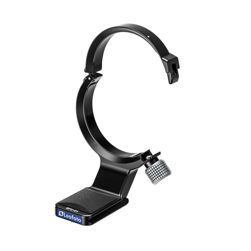 Black lens collar with stand displayed at an angle, showing the adjustable bracket, textured base pad, and metallic grip attachment point against a white background.