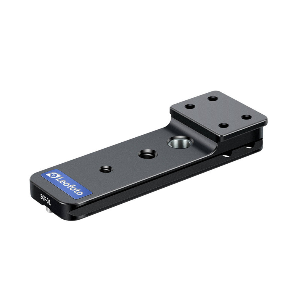 Black Arca-style lens foot with blue Leofoto branding and model number SGF-01, shown from angled side view displaying mounting holes and quick-release plate.