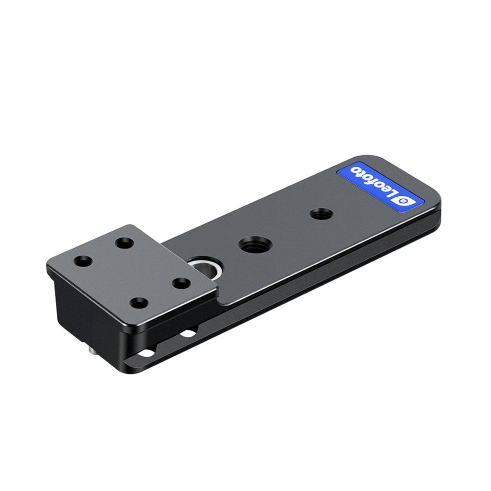 Black aluminum lens foot with blue Leofoto branding label, shown from angled top view displaying multiple mounting holes and arca-swiss compatible design.