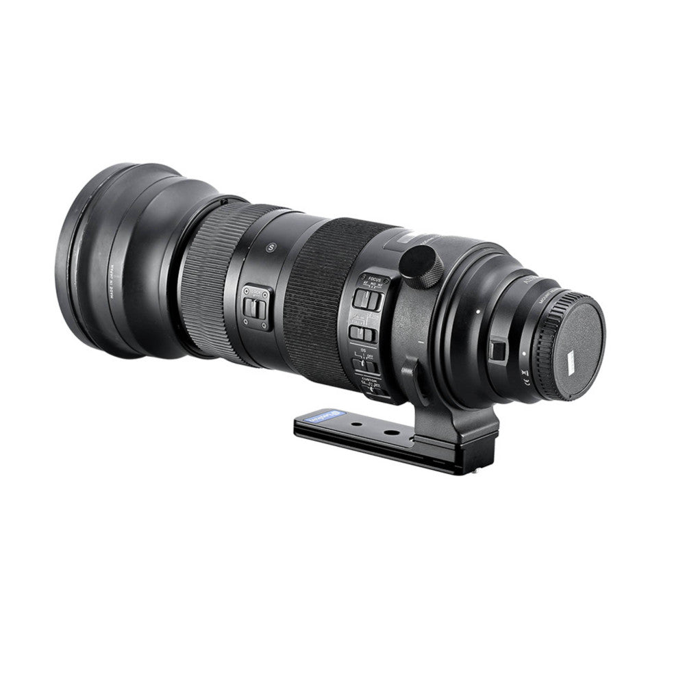 Black telephoto zoom lens mounted on a tripod foot plate, shown from the side against a white background.