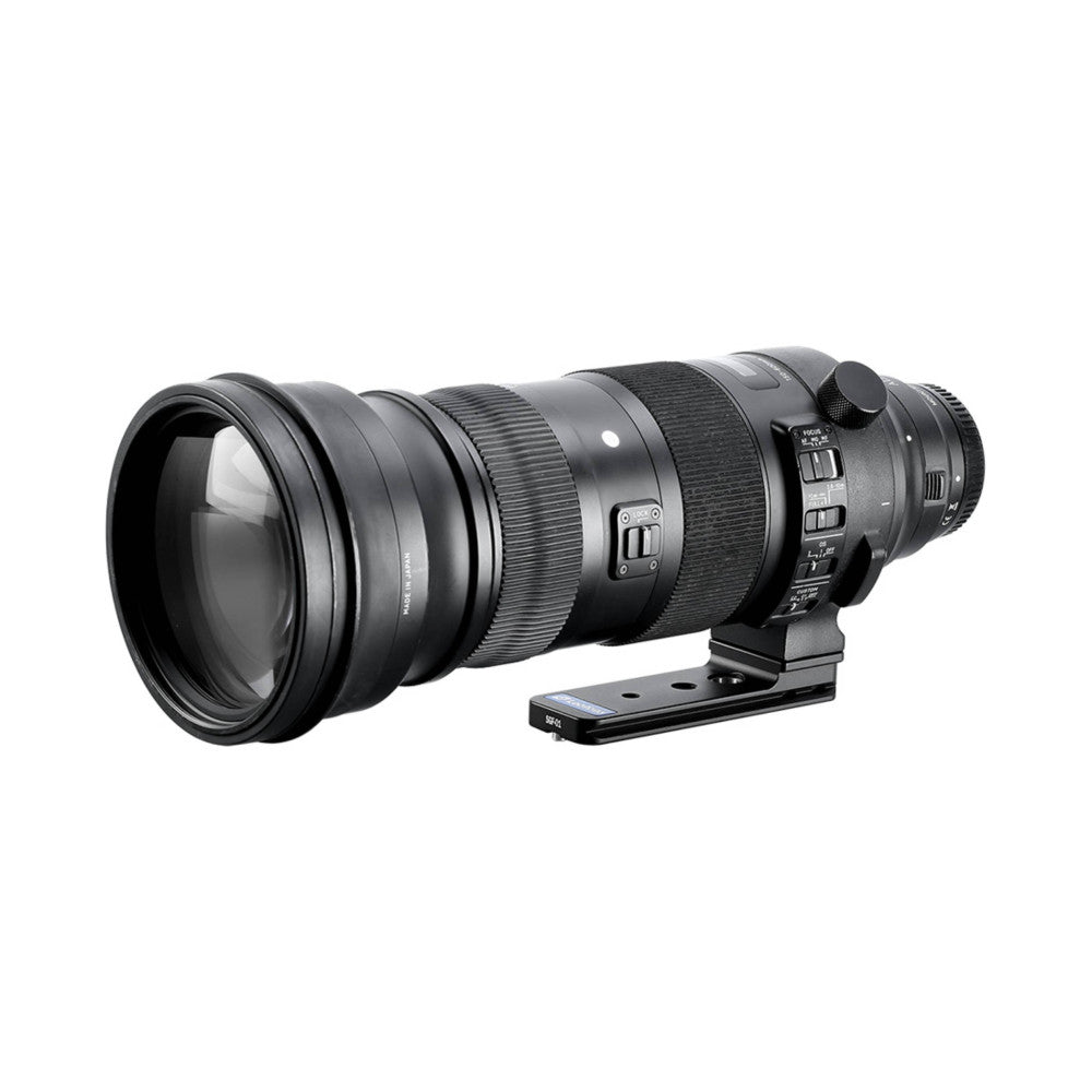 Black telephoto zoom lens with attached Arca-Swiss lens foot mount, shown in side profile against white background.