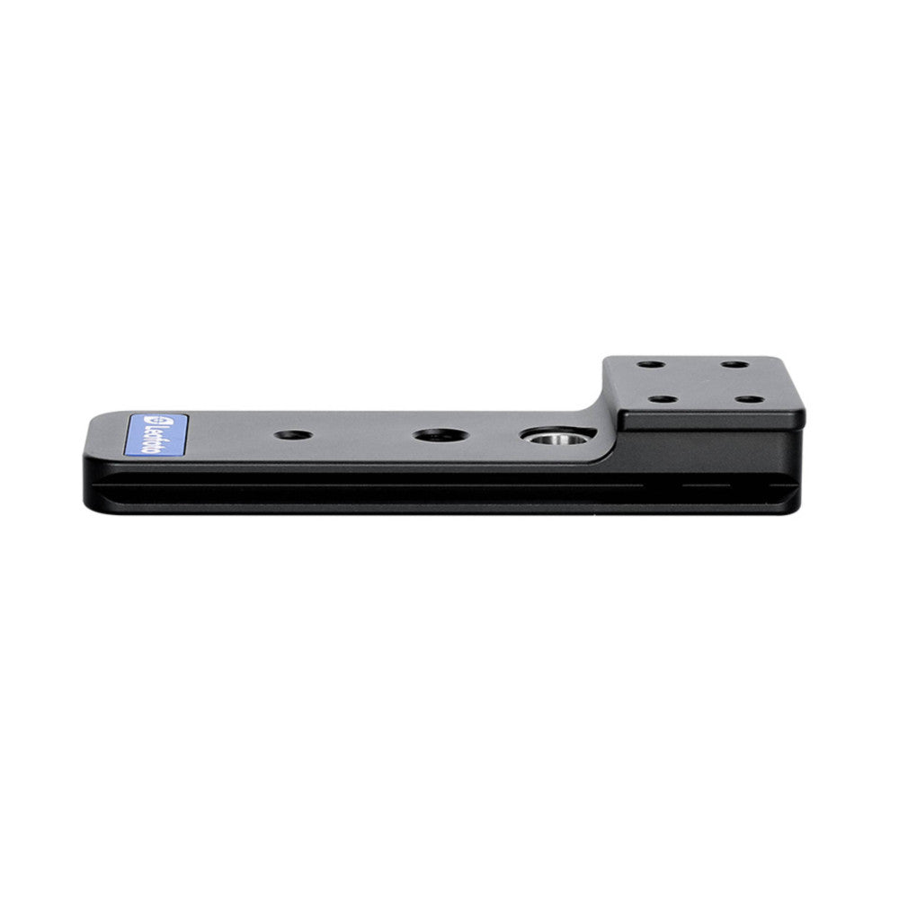 Black metal L-shaped tripod foot plate with multiple mounting holes shown from side angle against white background.