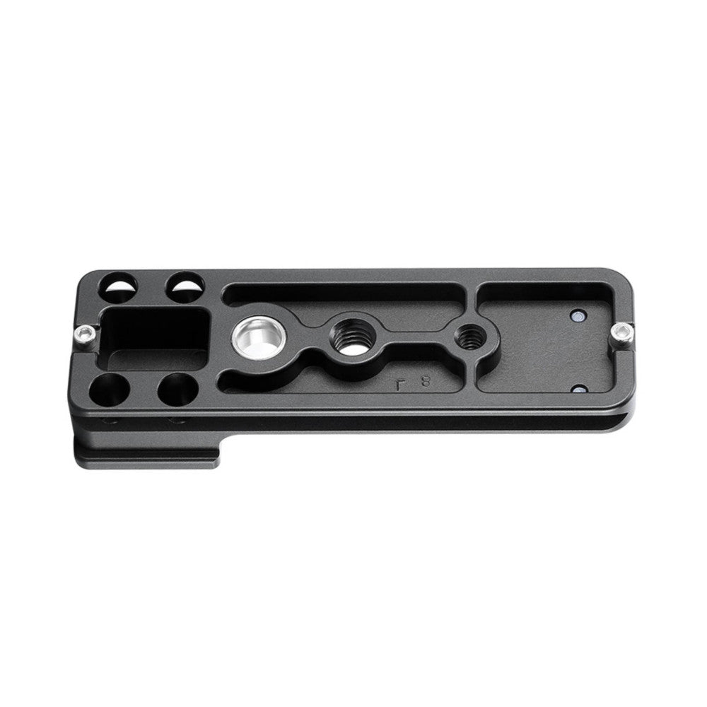 Top view of black Arca-Swiss compatible lens foot with mounting plate, threaded holes, and adjustment mechanisms.