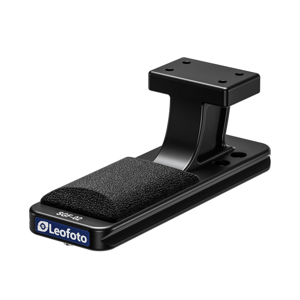 Black Leofoto lens foot with textured grip pad and mounting bracket, shown in three-quarter view against white background.