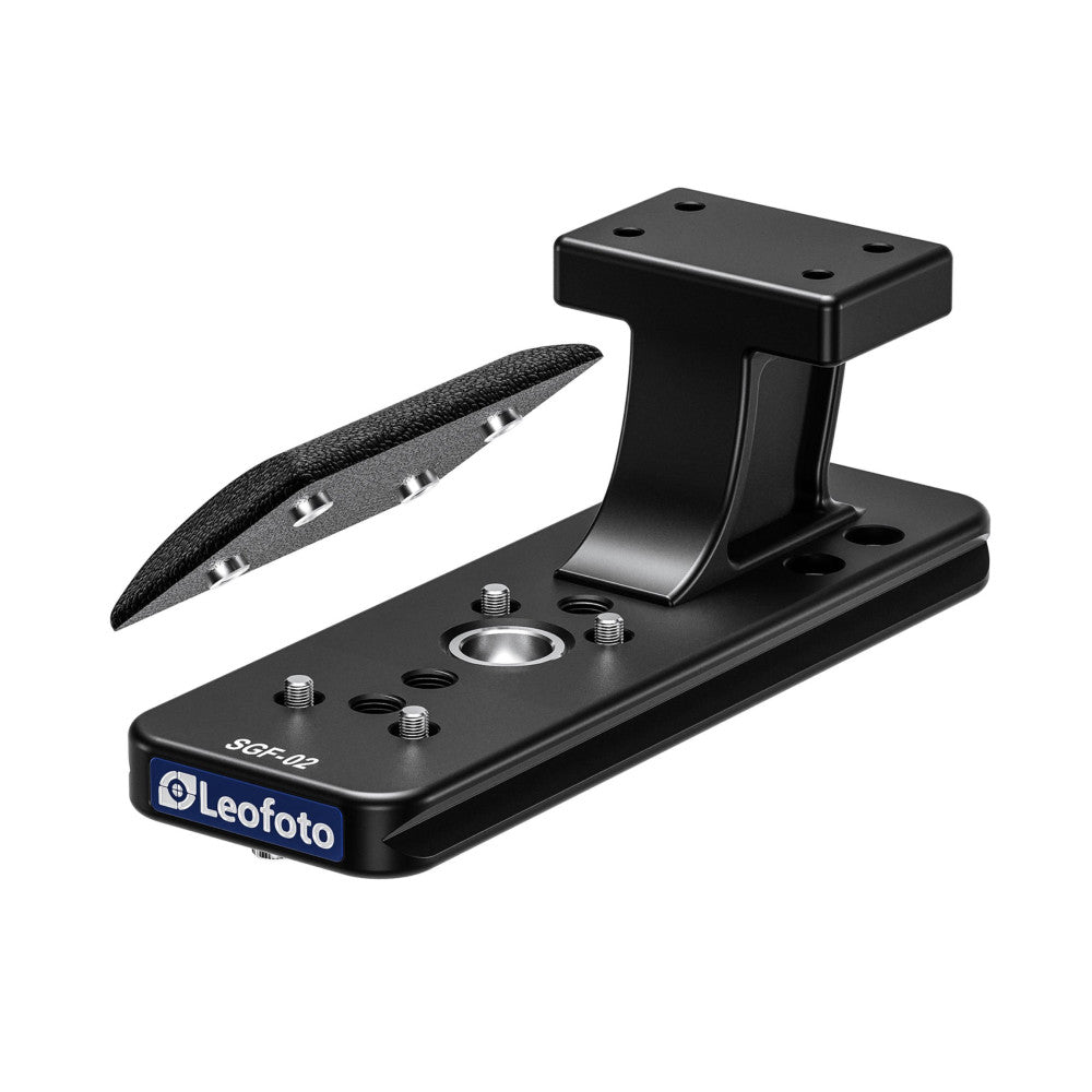 Black Leofoto SGF-02 lens foot shown at three-quarter angle with curved mounting plate and vertical Arca-Swiss clamp, isolated on white background.
