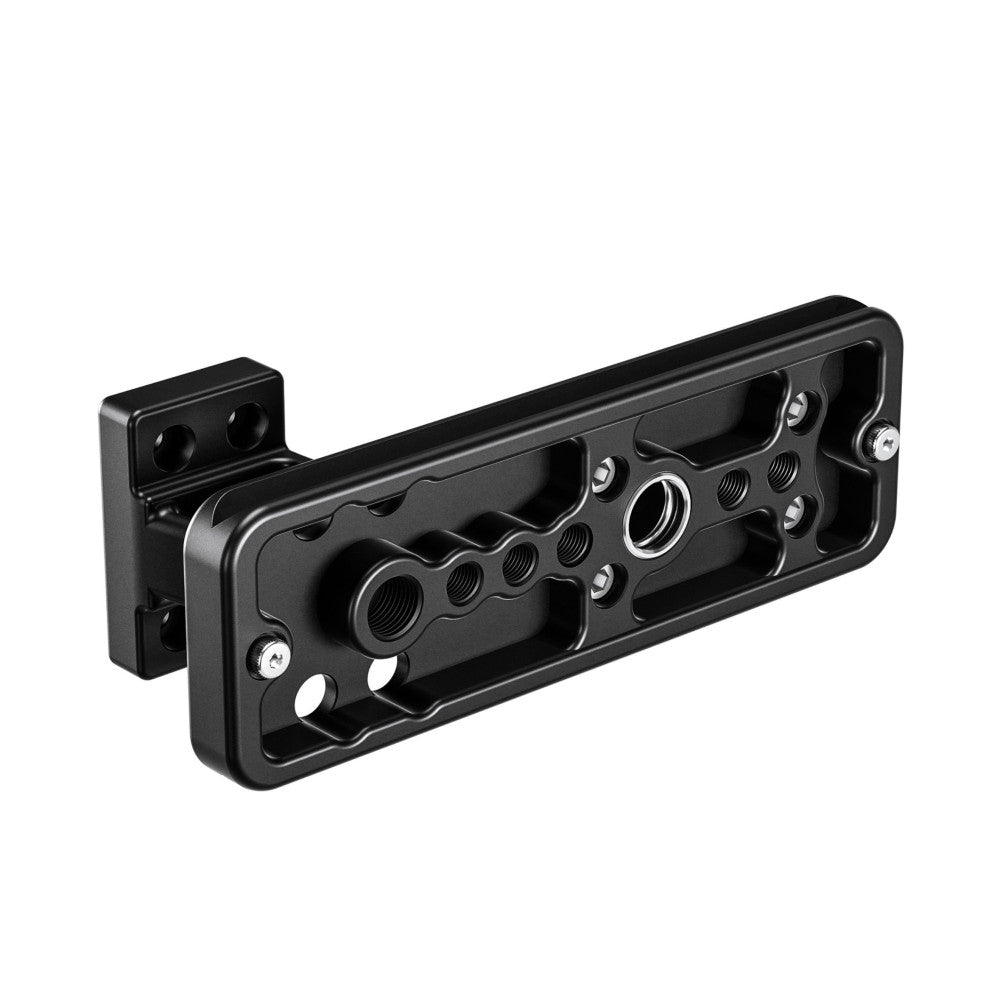 Black Arca lens foot shown from angled side view, displaying multiple threaded mounting holes and adjustment screws against white background.