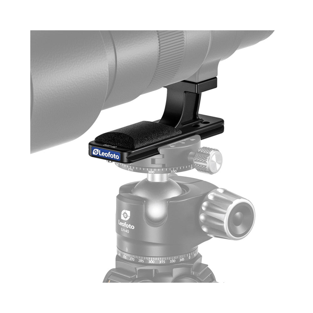 Black Leofoto lens foot mounted on ball head showing Arca-Swiss plate connection and adjustment knobs in side view.