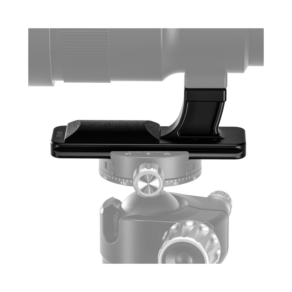 Black Arca-compatible lens foot mounted on tripod ball head, shown in side view with mounting plate and adjustment mechanisms visible.