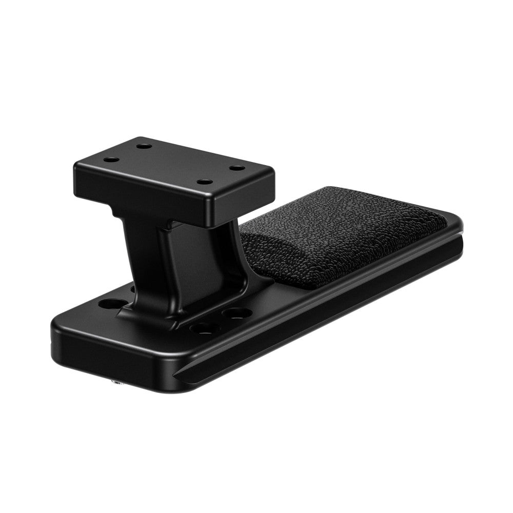 Black Arca-compatible lens foot shown from a three-quarter angle, displaying the mounting block with adjustment holes and textured foot pad.