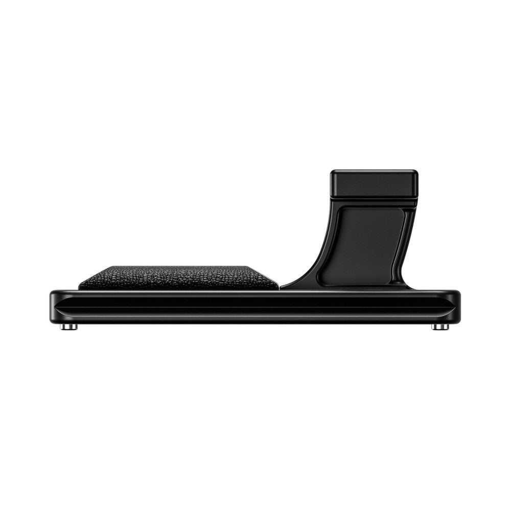 Black Arca lens foot shown from side profile view with padded wrist rest and mounting plate against white background.