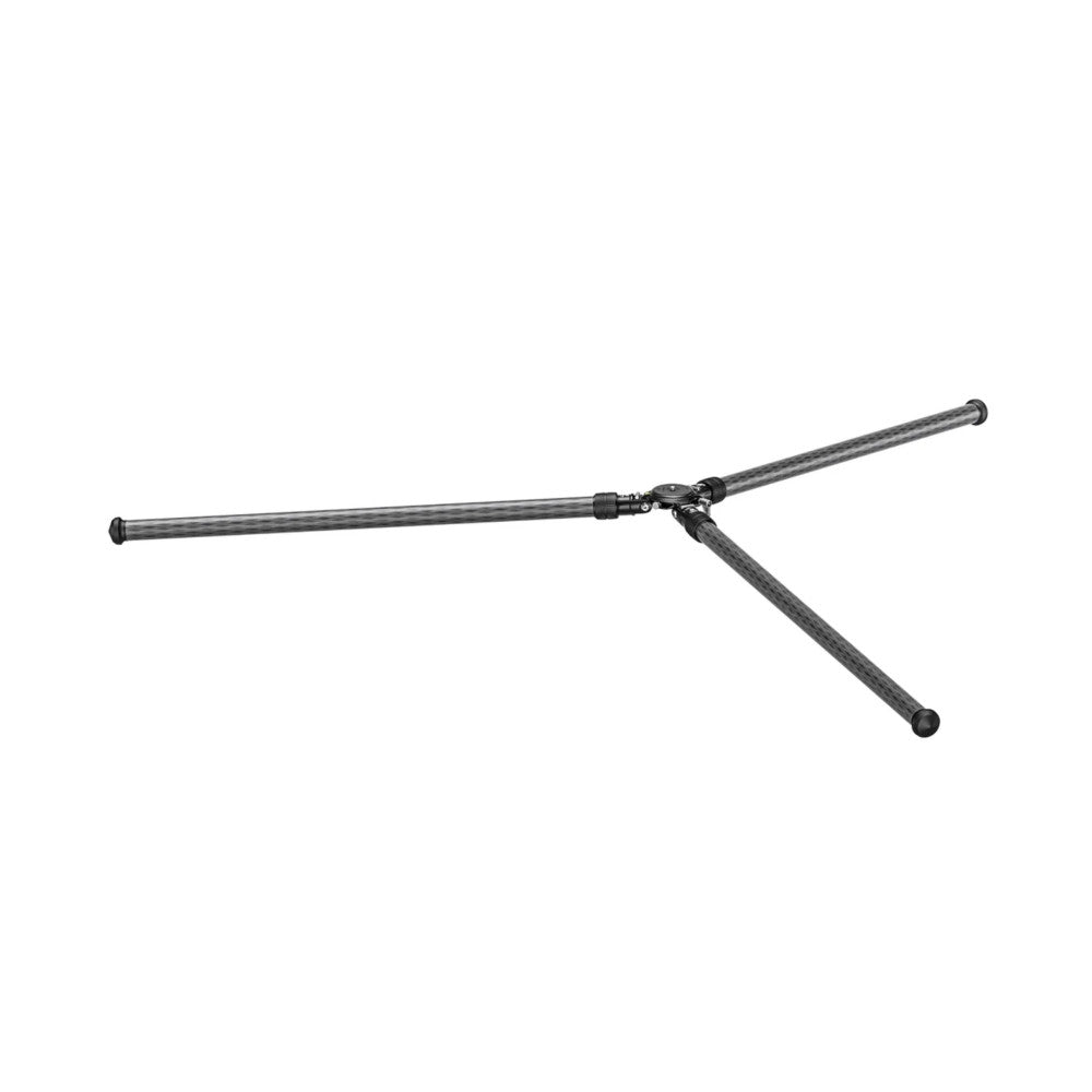 Carbon fiber tripod with inverted design, shown from side angle with extended legs and center column against white background.