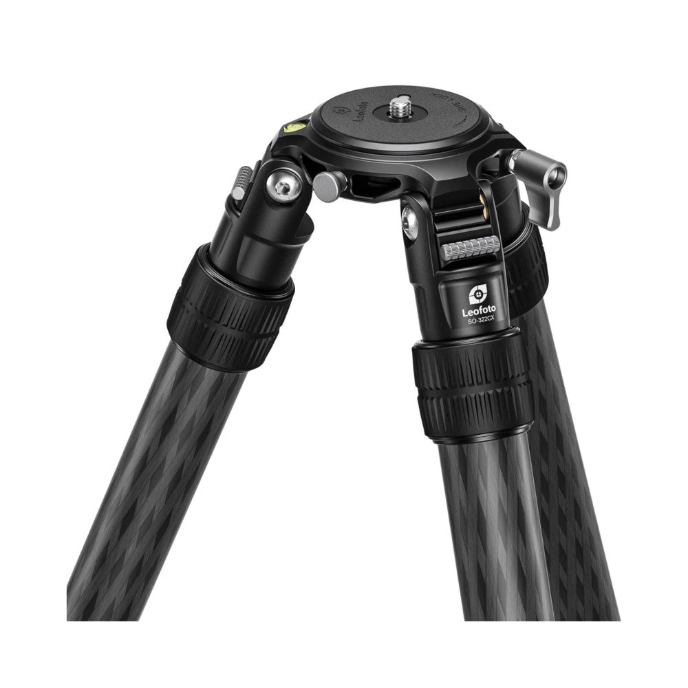 Top-down view of an inverted carbon fiber tripod with black legs and a ball head, showing the 75mm bowl mount and control handles.