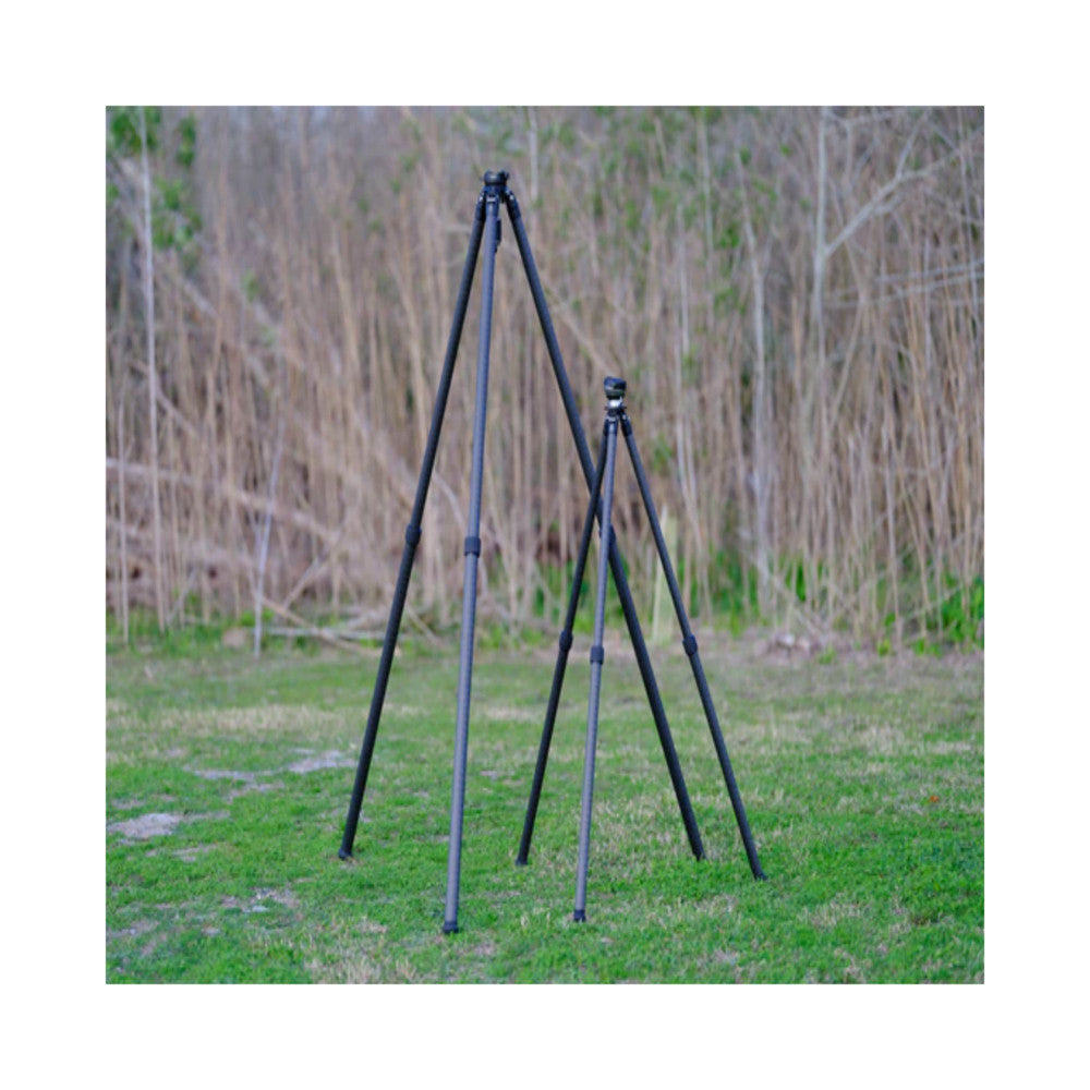Black carbon fiber tripod with inverted legs standing on grass with bare trees in background, front three-quarter view.