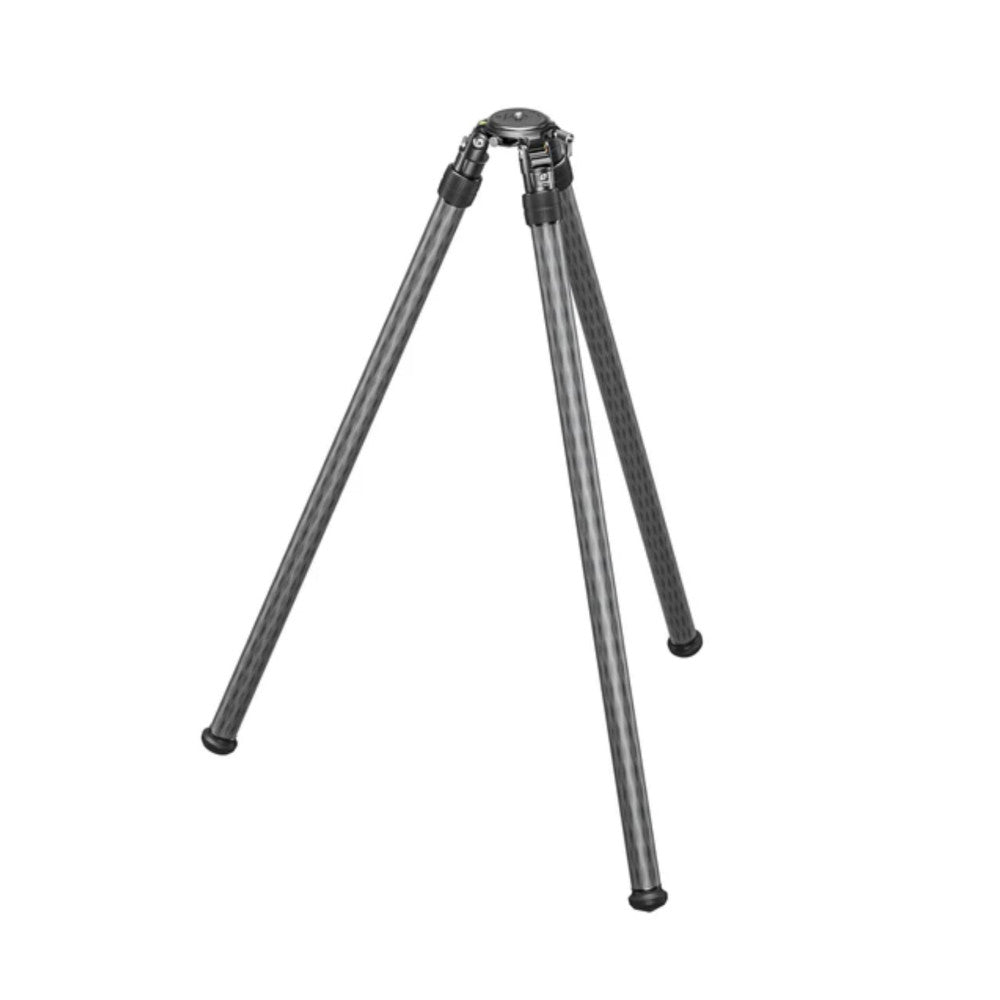 Three-legged carbon fiber tripod shown from front angle in collapsed position with ball head mount visible at top and rubber feet at base.