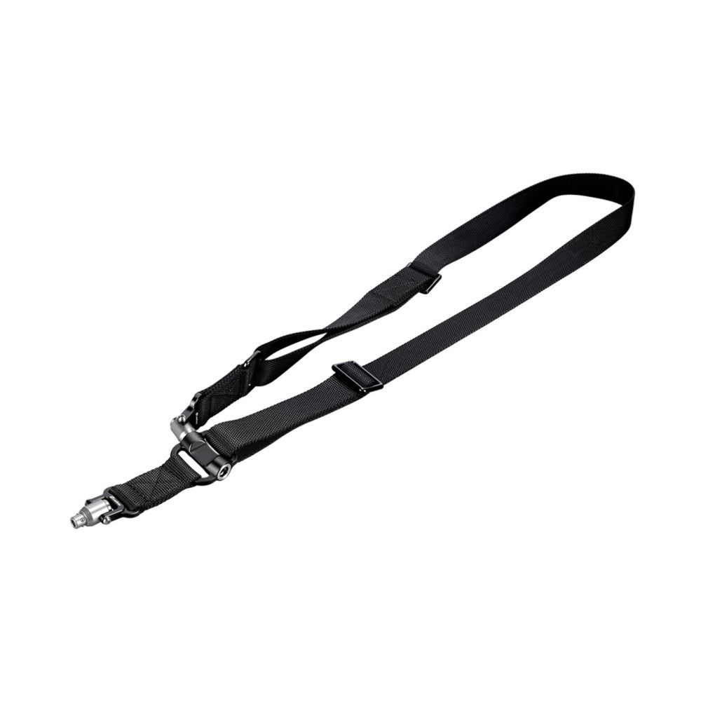 Black nylon camera strap with quick-detach push buttons and adjustment sliders on white background, angled view.