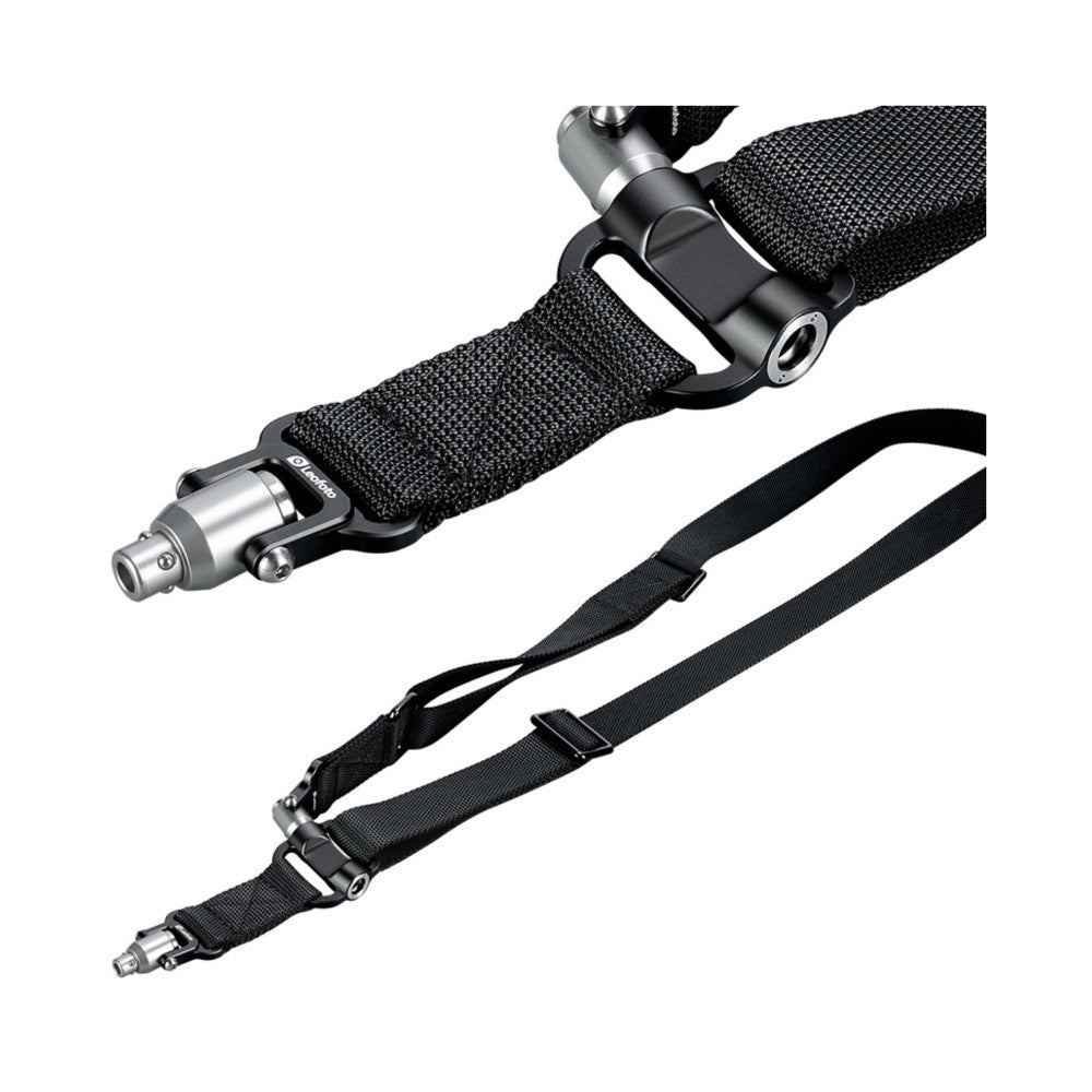 Two black fabric camera straps with metallic quick-release connectors displayed at angles on white background.