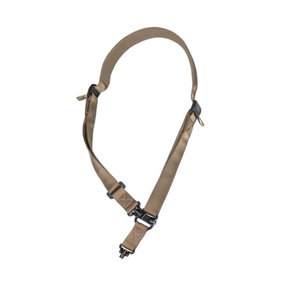 Flat lay view of tan fabric camera strap with black metal quick-release connectors and adjustment hardware, displayed in loop formation.
