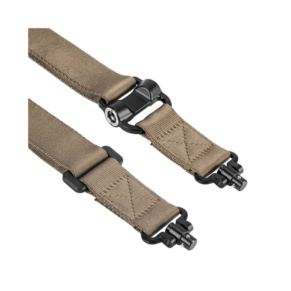 Three tan nylon camera straps with black quick-detach connectors arranged diagonally, showing front and side views of the hardware.