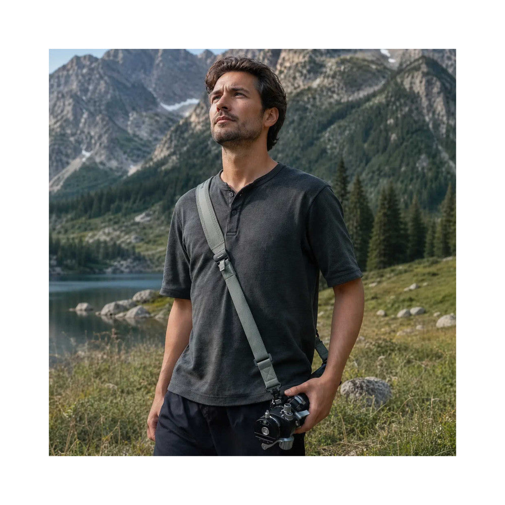 Man wearing dark henley shirt with olive green camera strap across chest, holding DSLR camera, standing in mountain lake landscape.