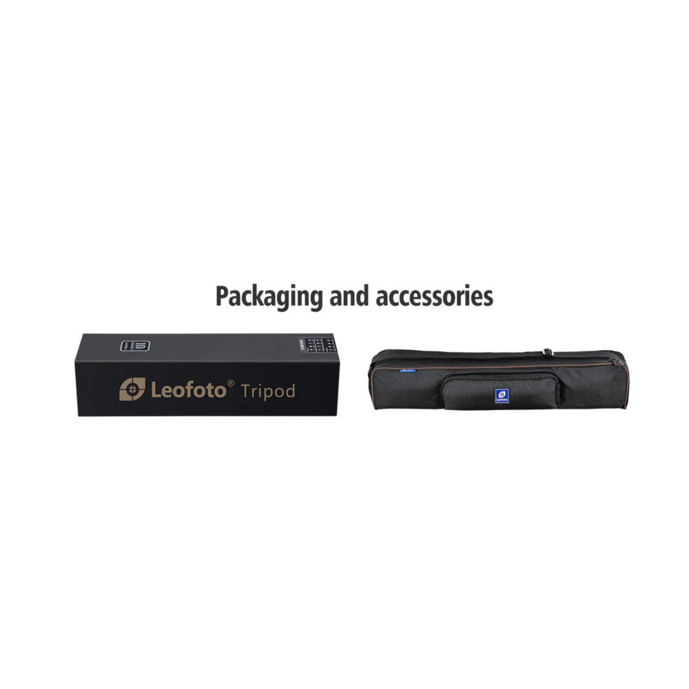 Packaging and accessories for Leofoto tripod showing black retail box and black carrying case with blue logo.