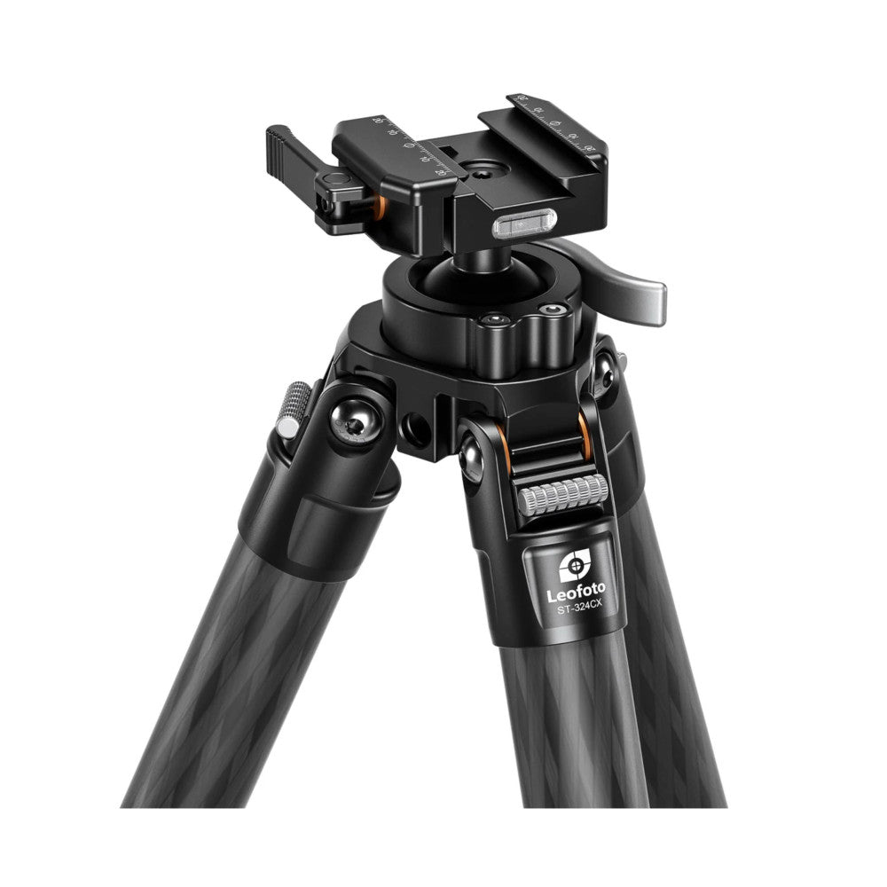 Black carbon fiber tripod with integrated ballhead and quick-release plate, shown from front-angled view against white background.