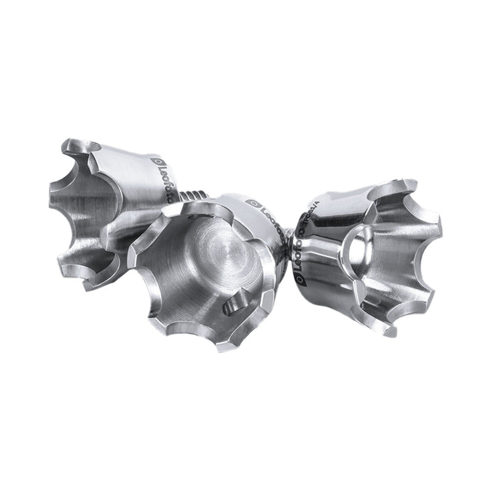 Three metallic tripod claw feet shown from overhead angle, displaying the grip design and 1/4" threaded connection points.