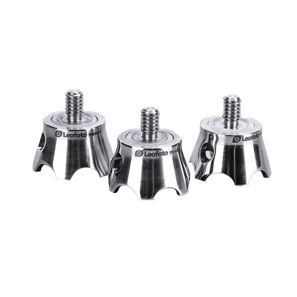 Three metallic tripod feet with threaded studs shown from above against a white background.