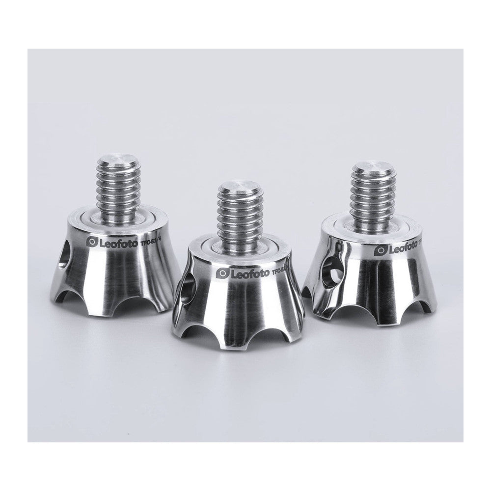 Three polished metal tripod claws with threaded studs arranged in a row against a white background, shown at a three-quarter front view angle.