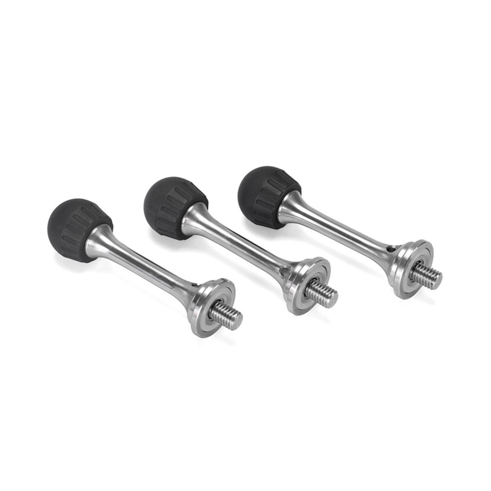 Three metal tripod foot spikes with black rubber caps shown at an angle against a white background.
