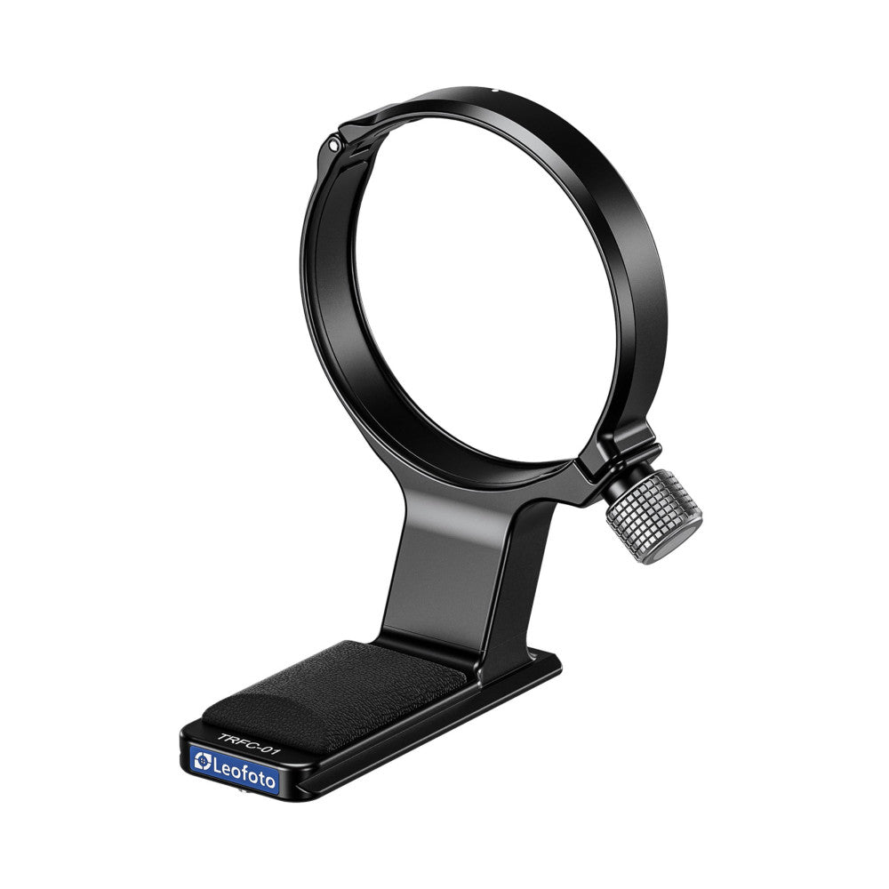 Black lens collar mount with circular ring, adjustment knob, and padded base, shown from side angle against white background.