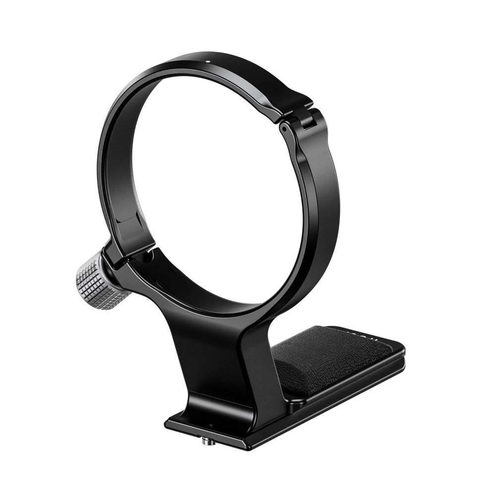 Black lens collar stand shown from the side, displaying the circular ring clamp and textured base platform against a white background.