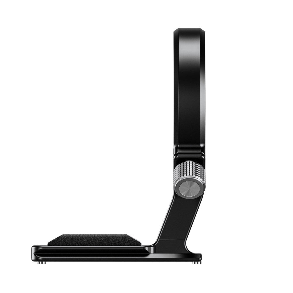 Side view of black lens collar mount with adjustable knob and textured grip pad against white background.