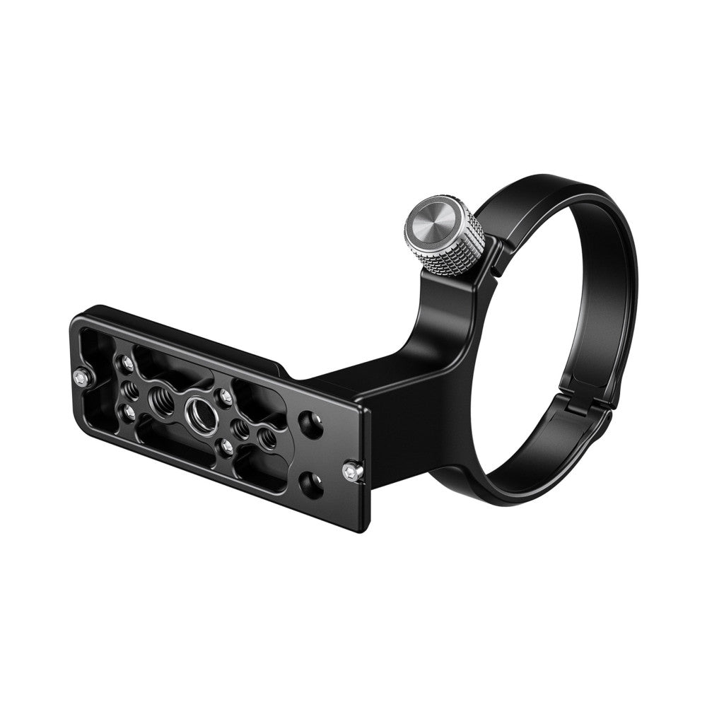 Black lens collar mount with adjustment knob shown at three-quarter angle against white background