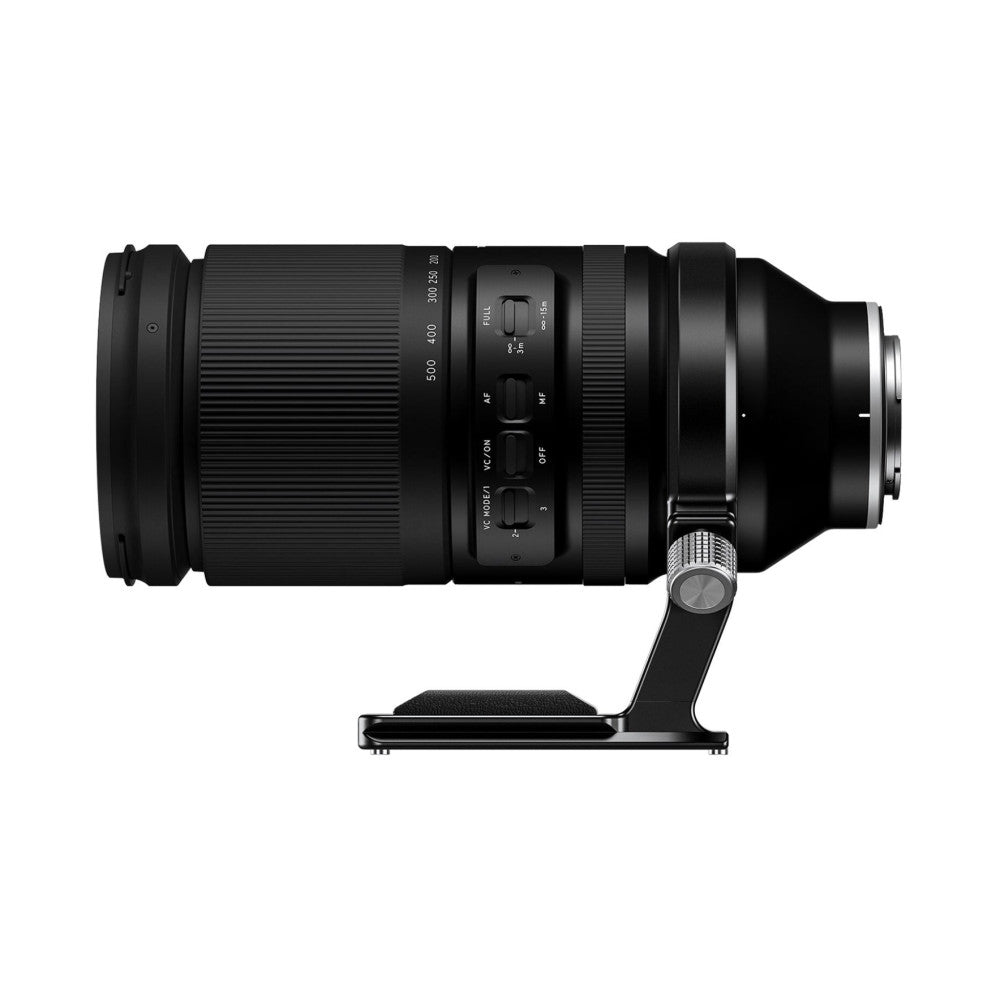 Side view of telephoto zoom lens with black tripod collar and quick-release foot attached underneath.